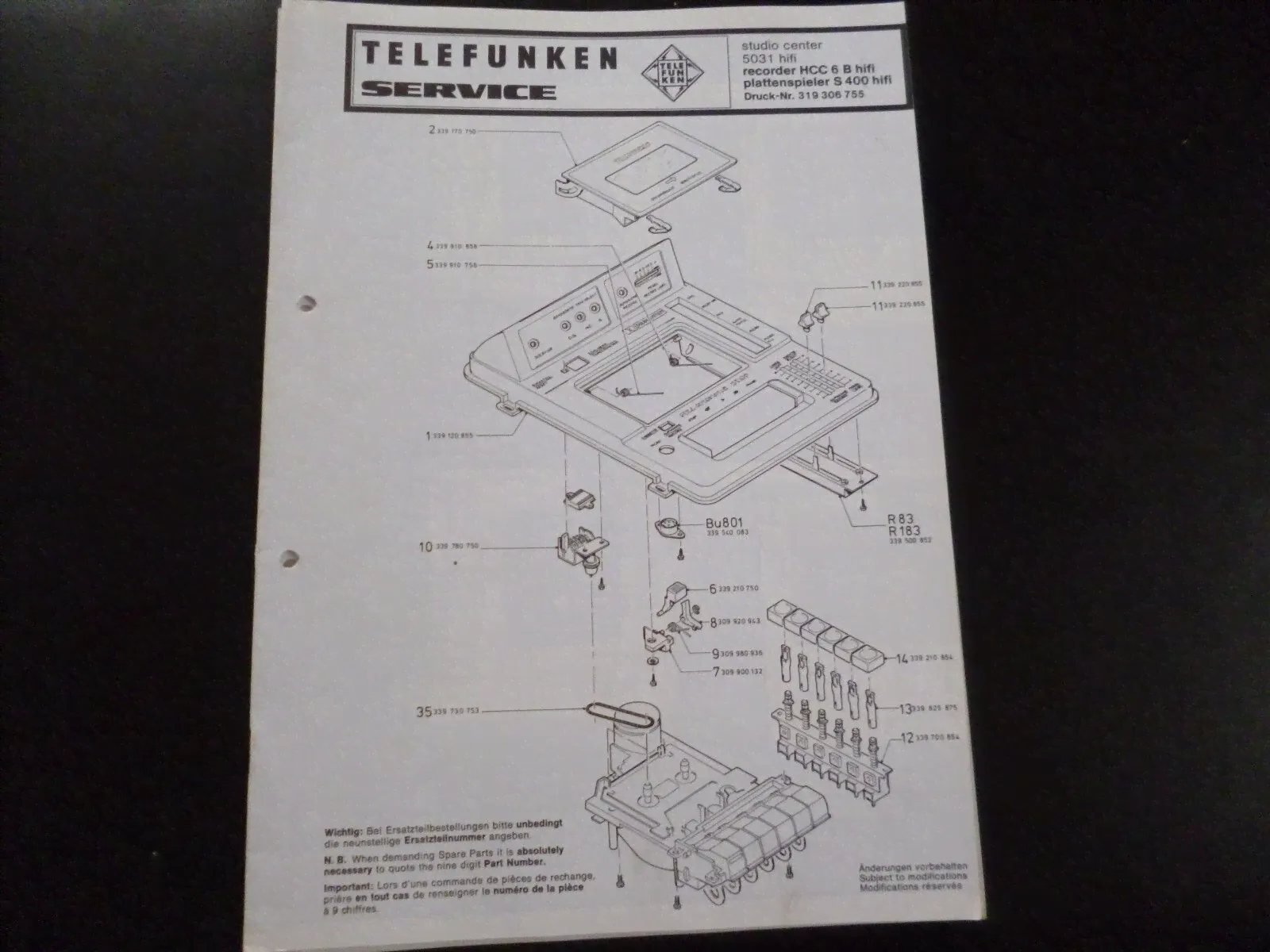 Original Werkstattanleitung Telefunken studio center 5031 hifi recorder HCC6B